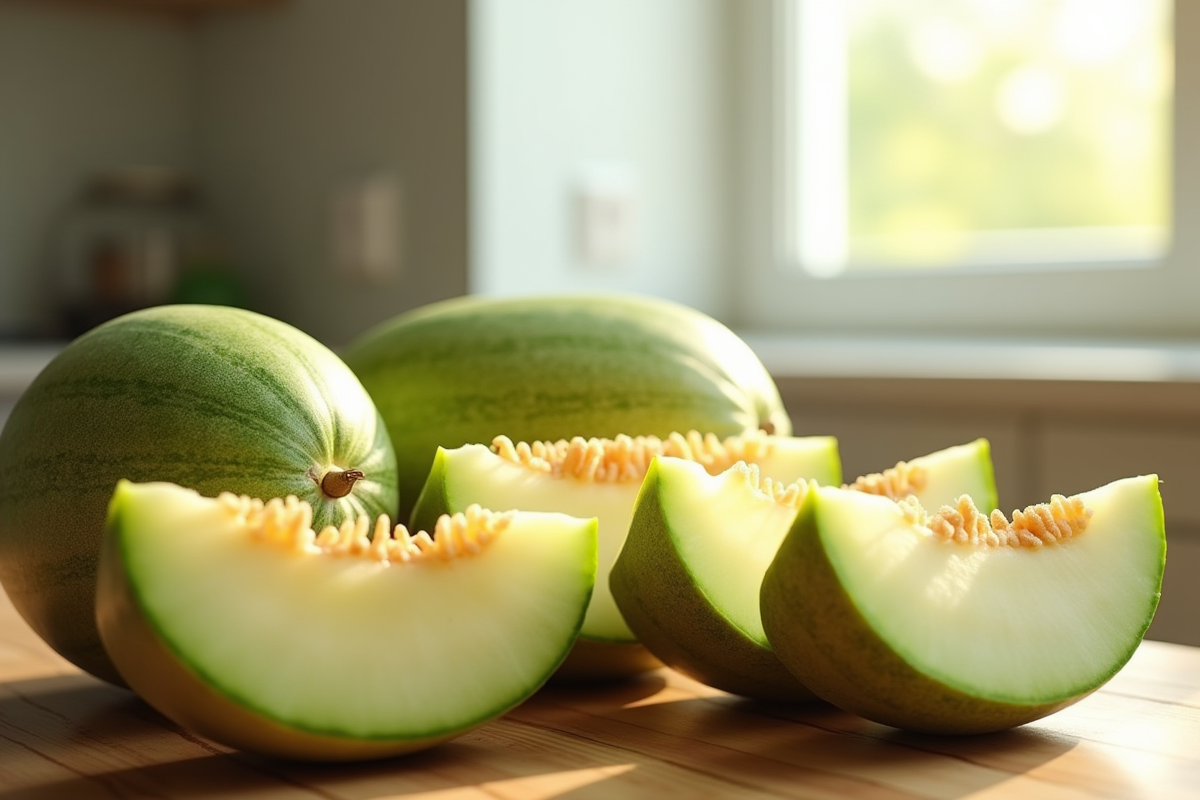 Groupe de melons honeydew entiers et tranchés sur une table en bois
