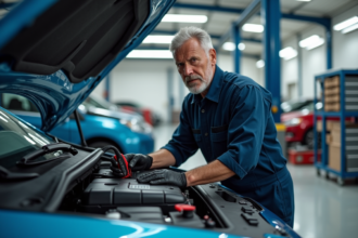 Mécanicien homme examinant la batterie d'une voiture hybride en atelier
