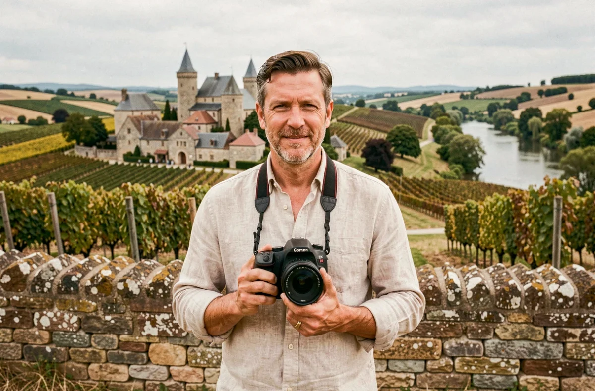 Photographe professionnel posant dans la campagne bourguignonne de l'Yonne avec son appareil photo reflex