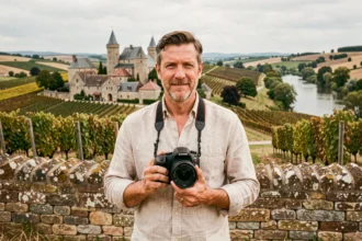Photographe professionnel posant dans la campagne bourguignonne de l'Yonne avec son appareil photo reflex