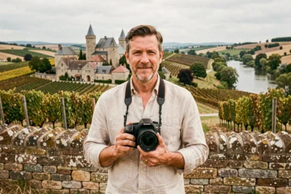 Photographe professionnel posant dans la campagne bourguignonne de l'Yonne avec son appareil photo reflex