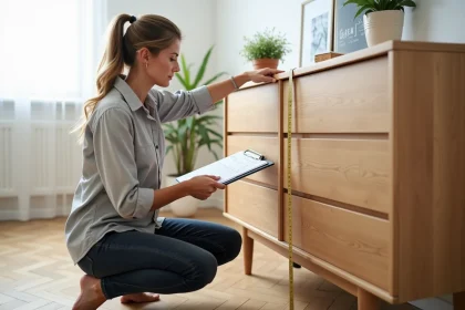 Femme mesurant la largeur d'un meuble en bois avec un mètre ruban dans un salon scandinave