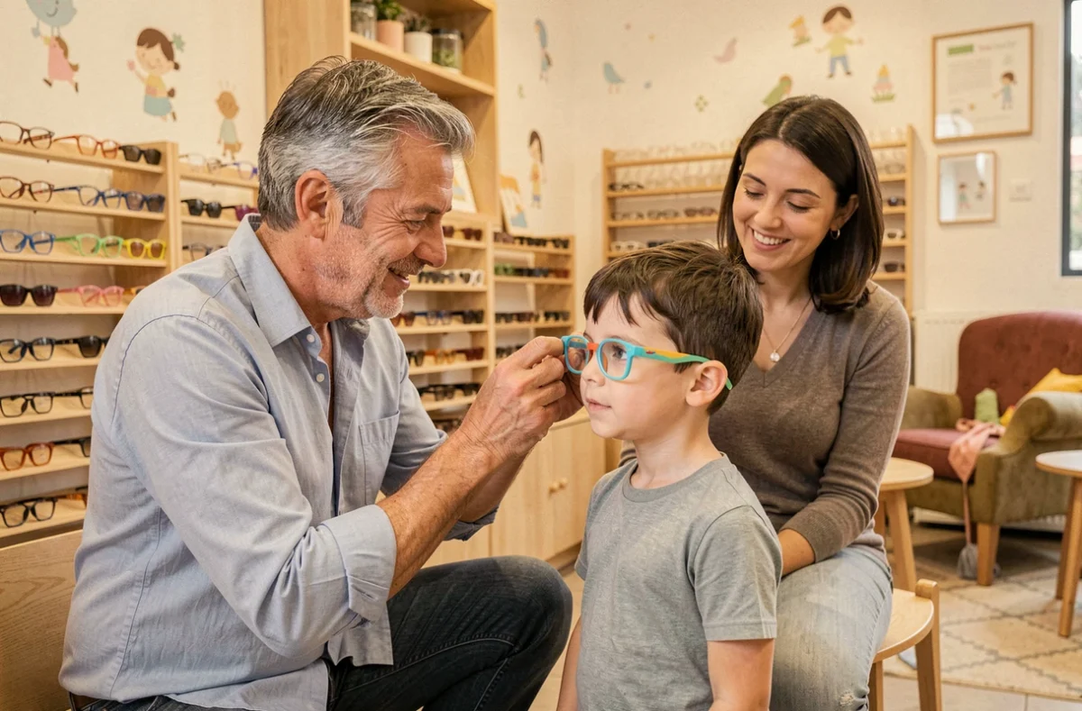 Opticien Philippe Roncalli aidant un jeune garçon à essayer des lunettes pour enfants dans une boutique familiale chaleureuse pendant que sa mère observe avec un sourire