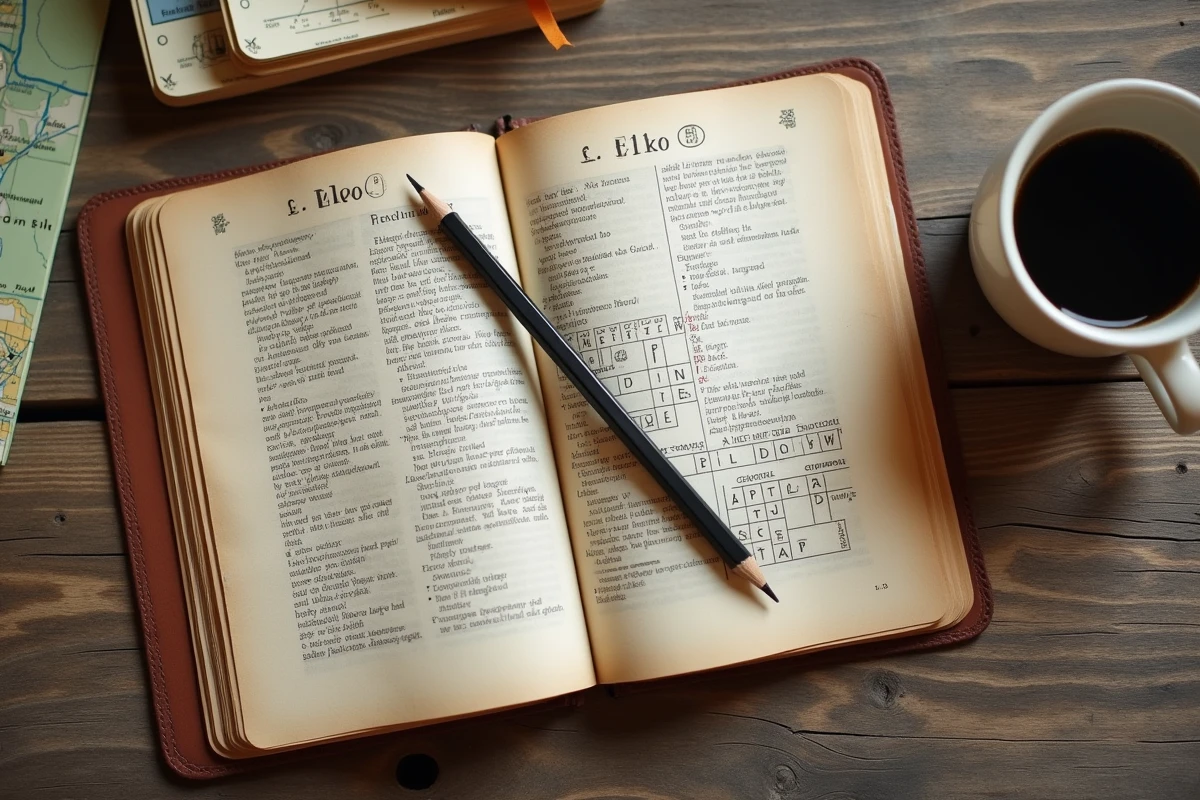 Gros plan d'un livre de mots croisés ouvert avec le mot Elko inscrit dans une grille, posé sur une table en bois avec une carte du Nevada