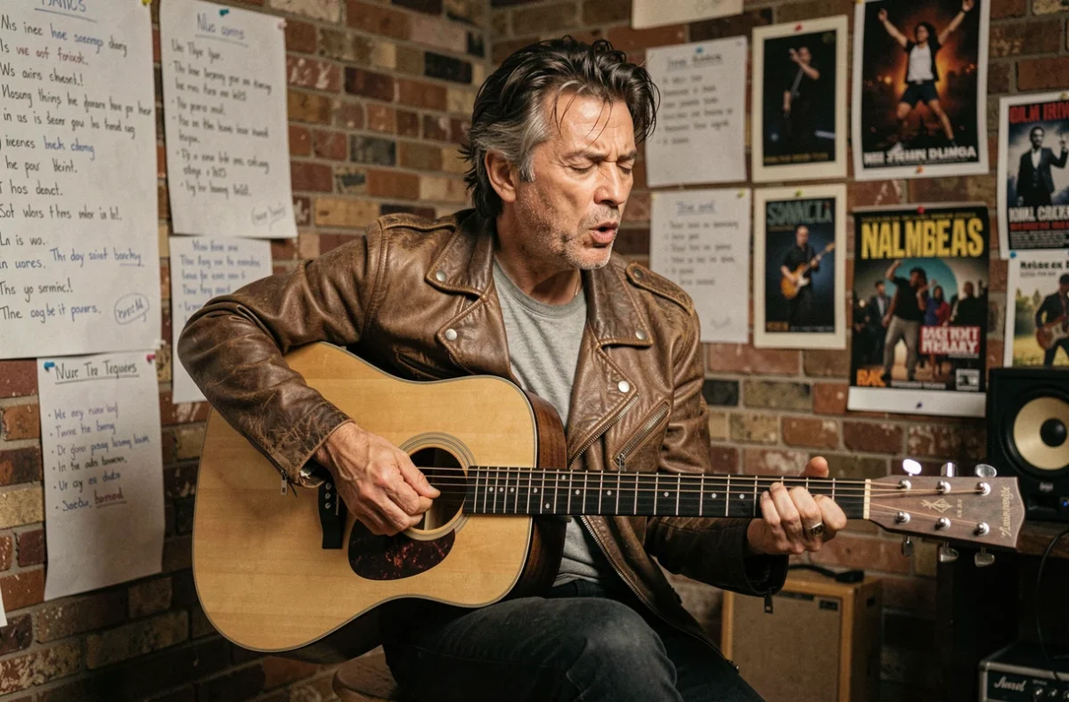 Musicien jouant de la guitare acoustique dans une salle de répétition avec des paroles manuscrites au mur, évoquant l'univers de Renaud et la chanson Lola