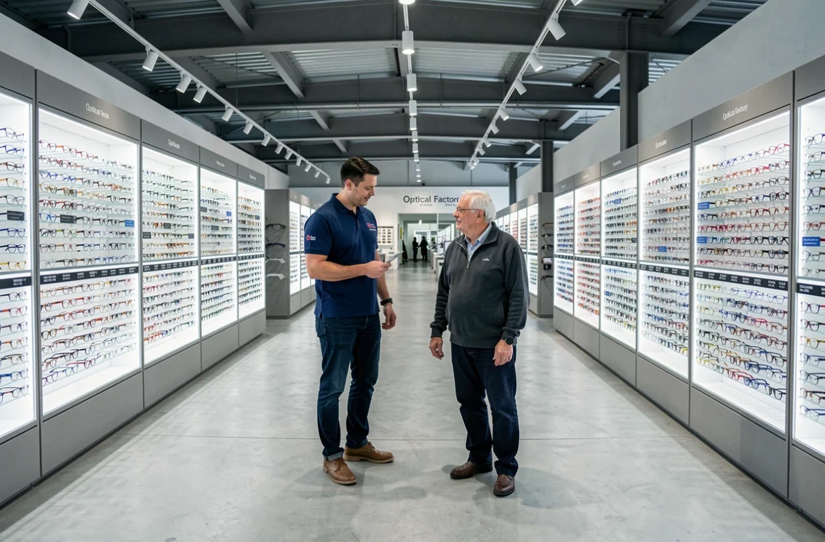 Vaste showroom d'Optical Factory Toulouse avec des centaines de montures sur présentoirs et un opticien conseillant un client dans les rayons