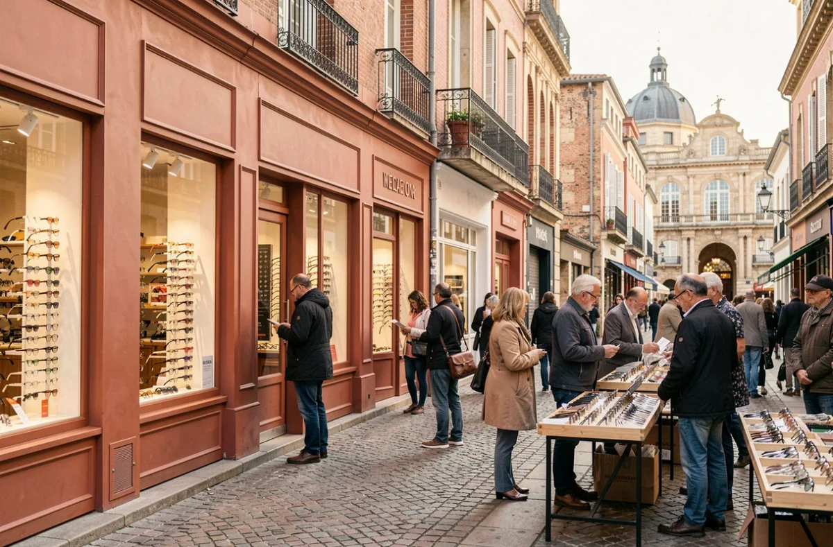 Vue d'ensemble d'une rue commerçante d'opticiens à Toulouse avec des vitrines de lunettes et l'architecture typique en briques roses