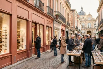 Vue d'ensemble d'une rue commerçante d'opticiens à Toulouse avec des vitrines de lunettes et l'architecture typique en briques roses