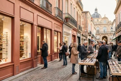Vue d'ensemble d'une rue commerçante d'opticiens à Toulouse avec des vitrines de lunettes et l'architecture typique en briques roses