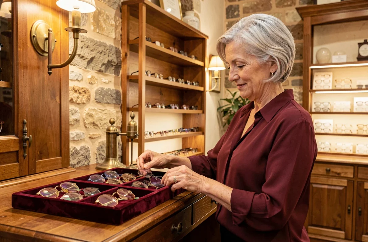 Opticienne d'Optique Pérignon présentant des montures vintage dans une boutique au décor classique toulousain avec boiseries et présentoirs en velours