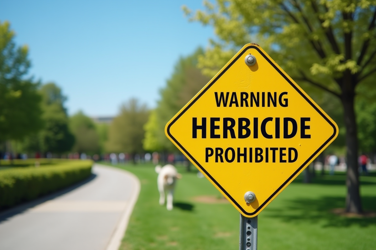 Panneau jaune interdiction herbicide dans parc public