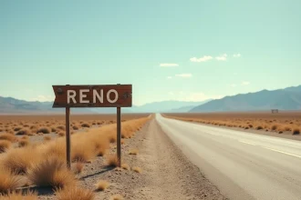 Panneau routier en bois indiquant Reno au bord d'une route désertique du Nevada avec paysage aride et montagnes en arrière-plan