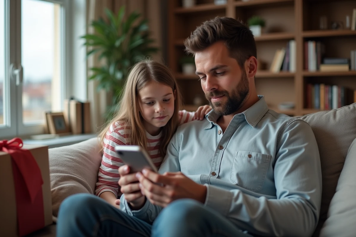 Père et fille regardent un registre de cadeaux dans le salon