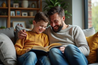Père et fils lisant un livre dans un salon chaleureux
