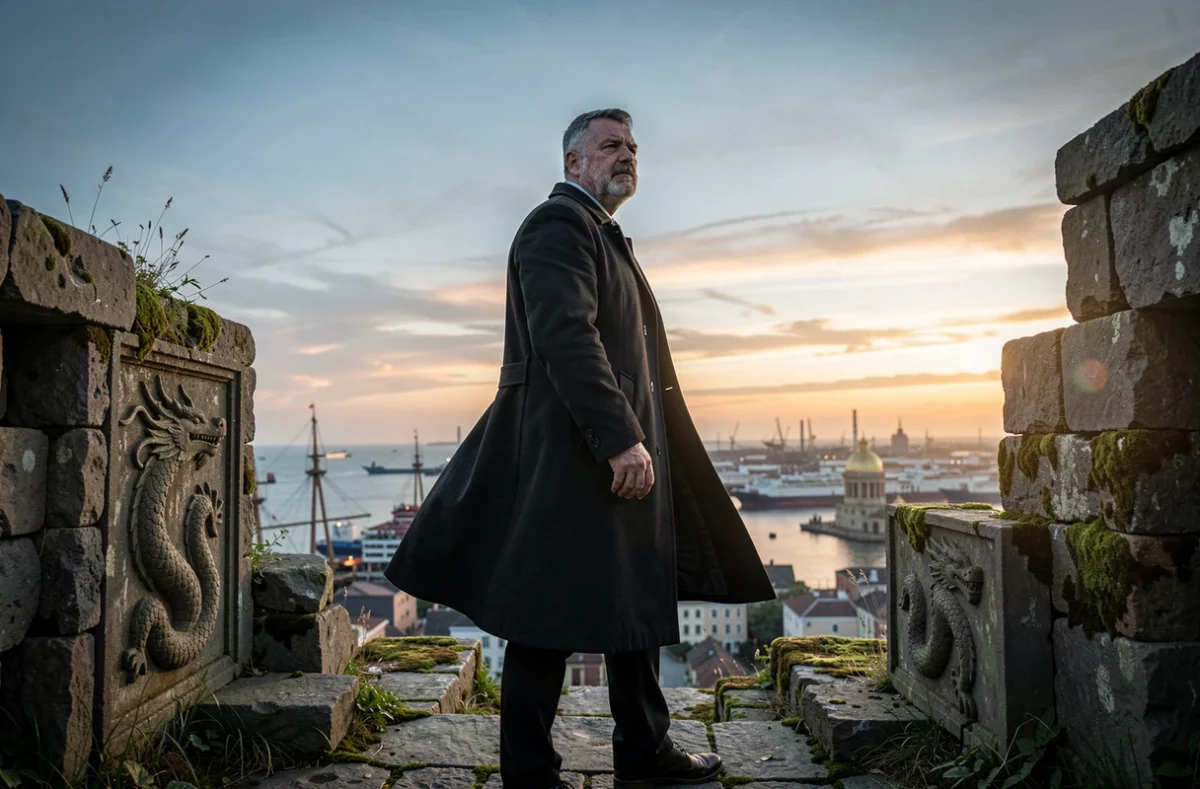 Personnage révolutionnaire solitaire en manteau noir contemplant une cité portuaire depuis des ruines anciennes gravées de dragons