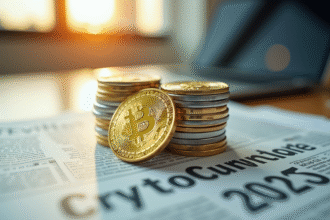 Pièce d'or et d'argent avec circuits sur journal crypto