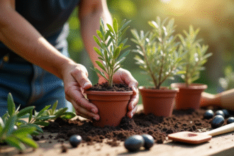 Mains de jardinier plantant des oliviers dans des pots avec outils et feuilles d olive