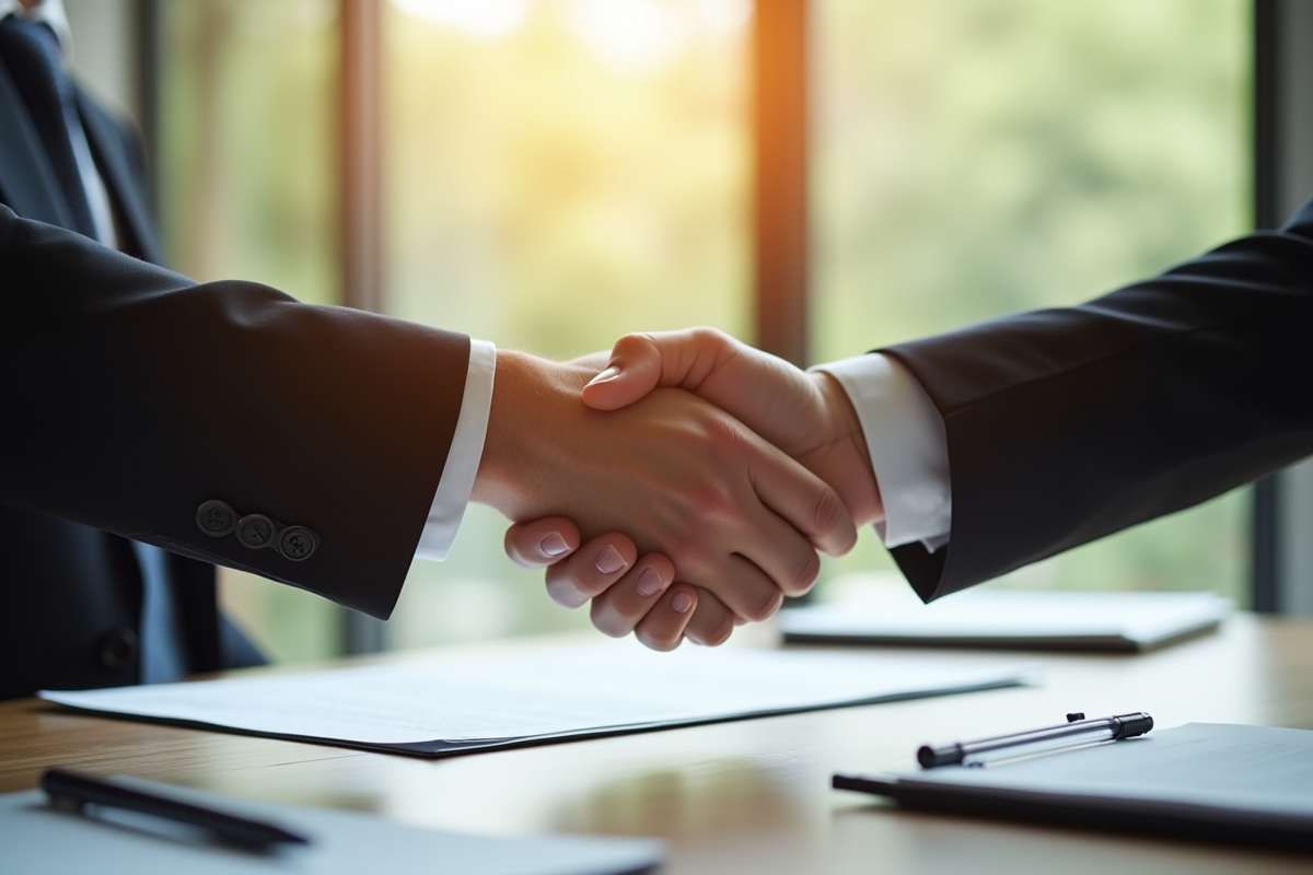 Poignée de main entre un avocat et un client dans un bureau lumineux