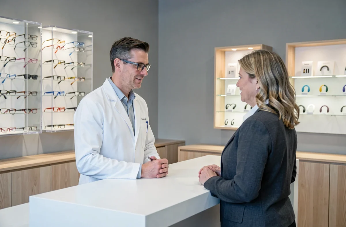 Spécialiste de Pol & Faber Optique Audition consultant une cliente devant un comptoir moderne proposant lunettes et appareils auditifs