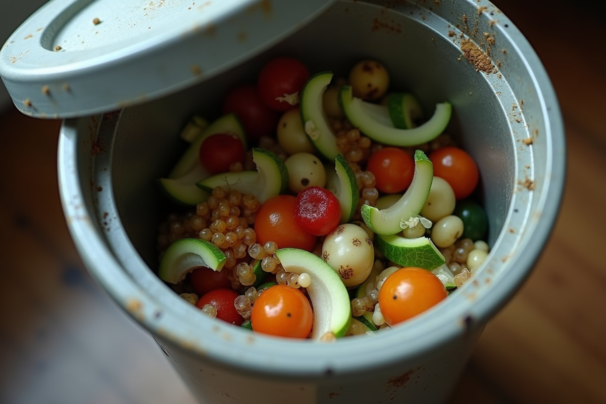 Poubelle de cuisine ouverte avec maggots et déchets organiques