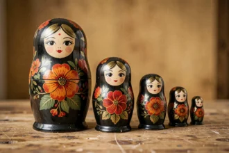 Set de cinq poupées russes matriochkas en bois peint, rangées par taille décroissante sur une table en bois usé