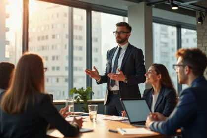 Jeune professionnel présentant une idée innovante à une équipe diverse