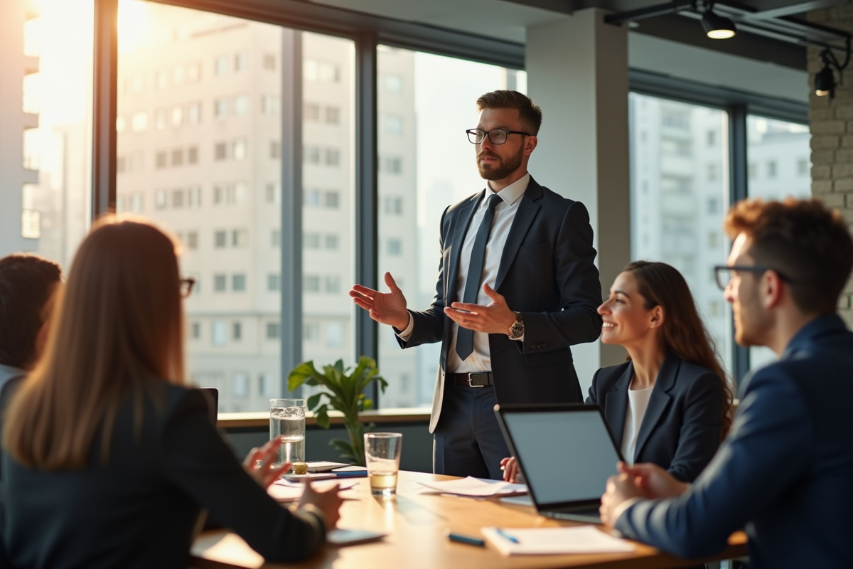 Jeune professionnel présentant une idée innovante à une équipe diverse