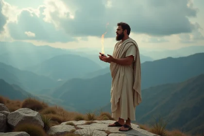 Proeus tenant une flamme dans un paysage montagneux