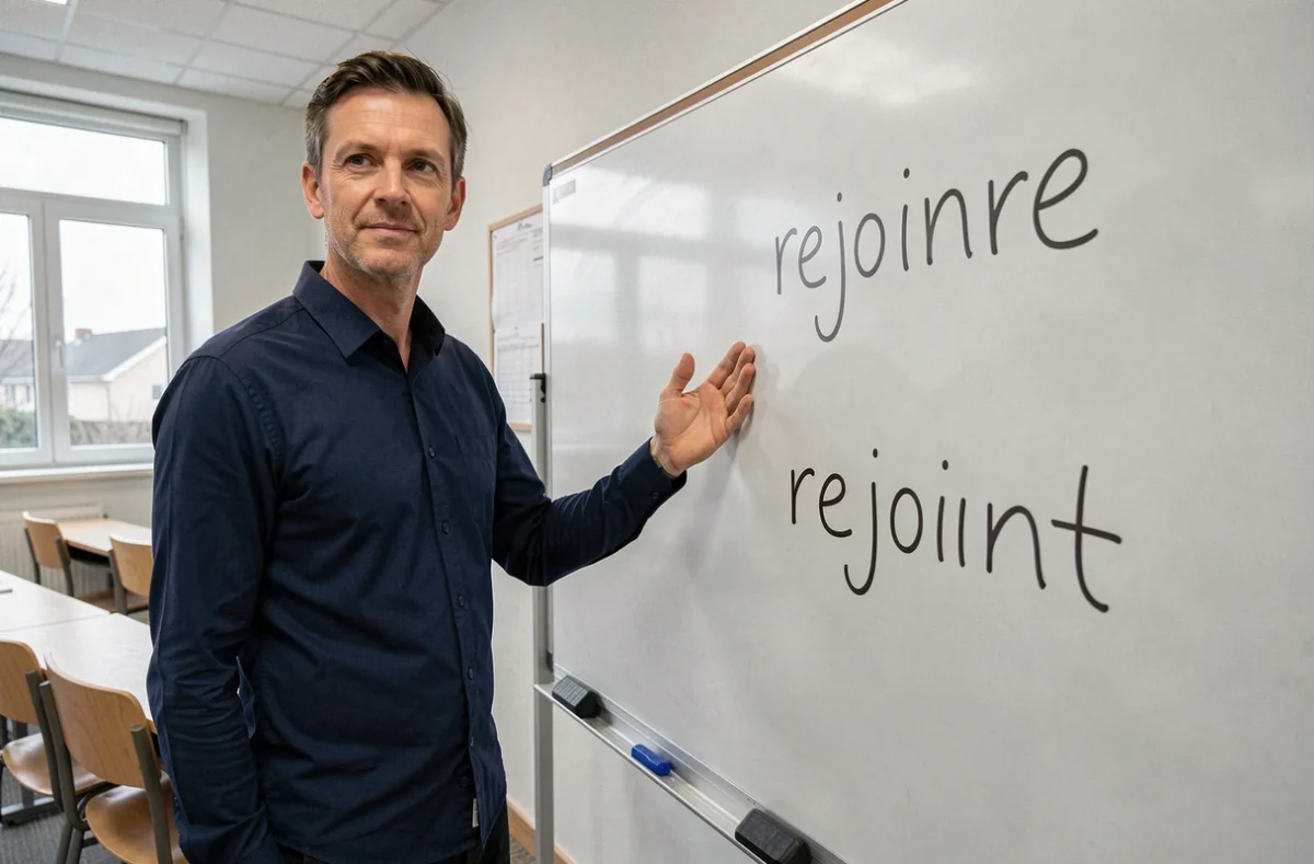 Professeur de français expliquant au tableau le participe passé du verbe rejoindre dans une salle de classe