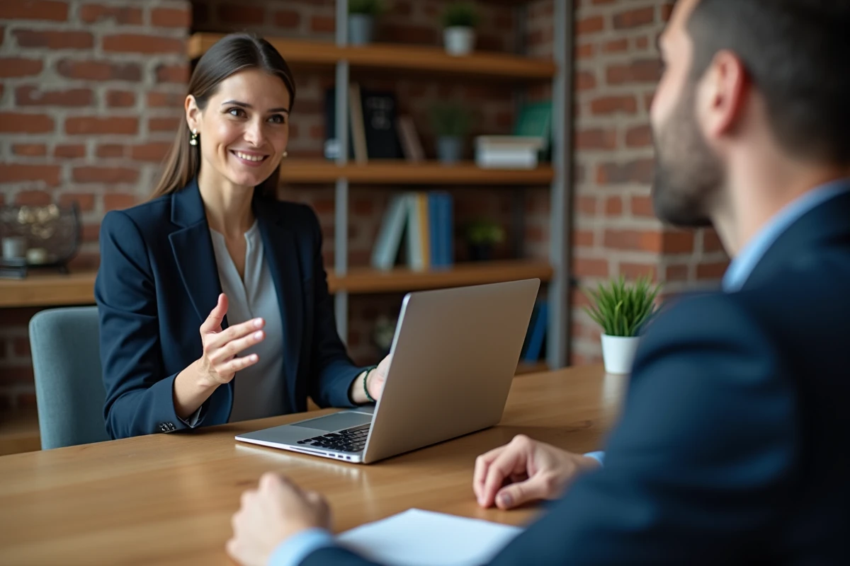 Une professionnelle explique le concept Lorem Ipsum à un client autour d'une table de réunion avec un ordinateur portable ouvert