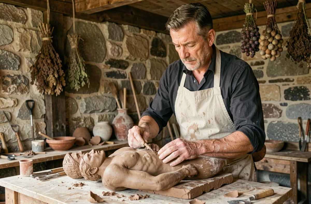 Sculpteur façonnant une figure humaine en argile dans un atelier de pierre, évoquant le mythe de Prométhée créant l'humanité