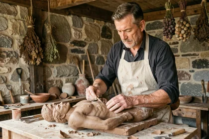Sculpteur façonnant une figure humaine en argile dans un atelier de pierre, évoquant le mythe de Prométhée créant l'humanité
