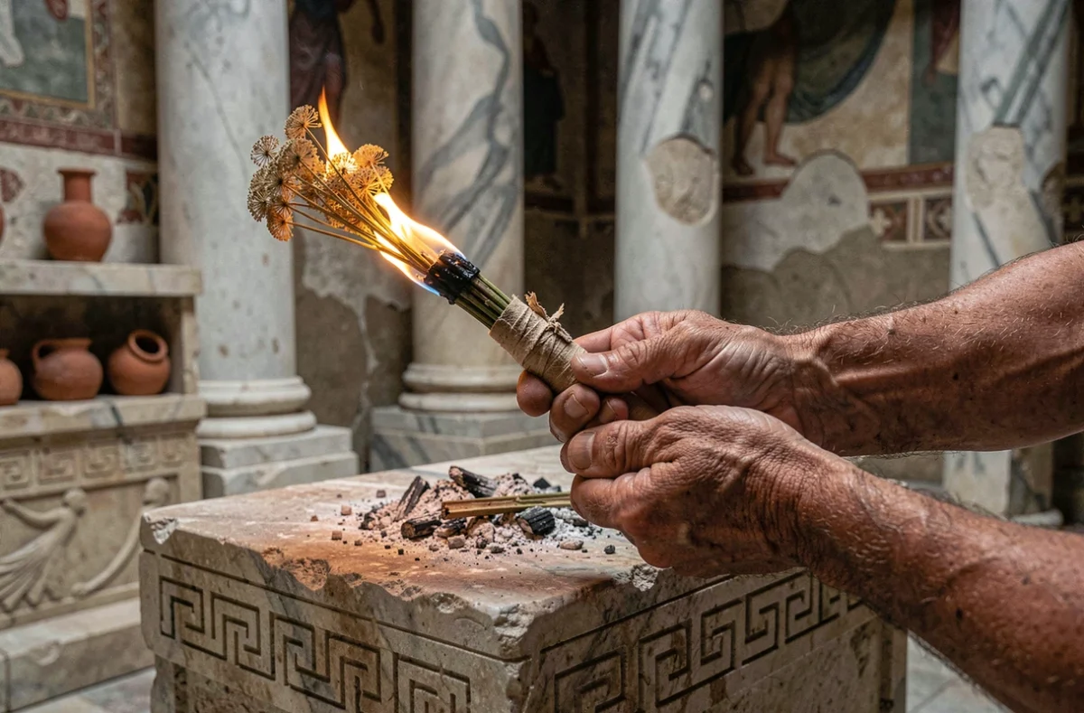 Mains tenant une torche de feu au-dessus d'un autel grec antique, symbolisant le vol du feu par Prométhée dans la mythologie
