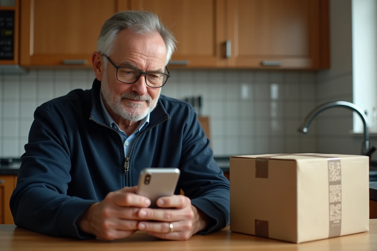 Homme générant un QR code sur smartphone pour retourner un colis sans imprimante