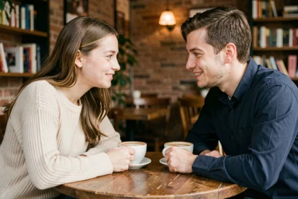 Jeune couple en conversation intime autour d'un café dans un café cosy, se regardant avec des sourires complices