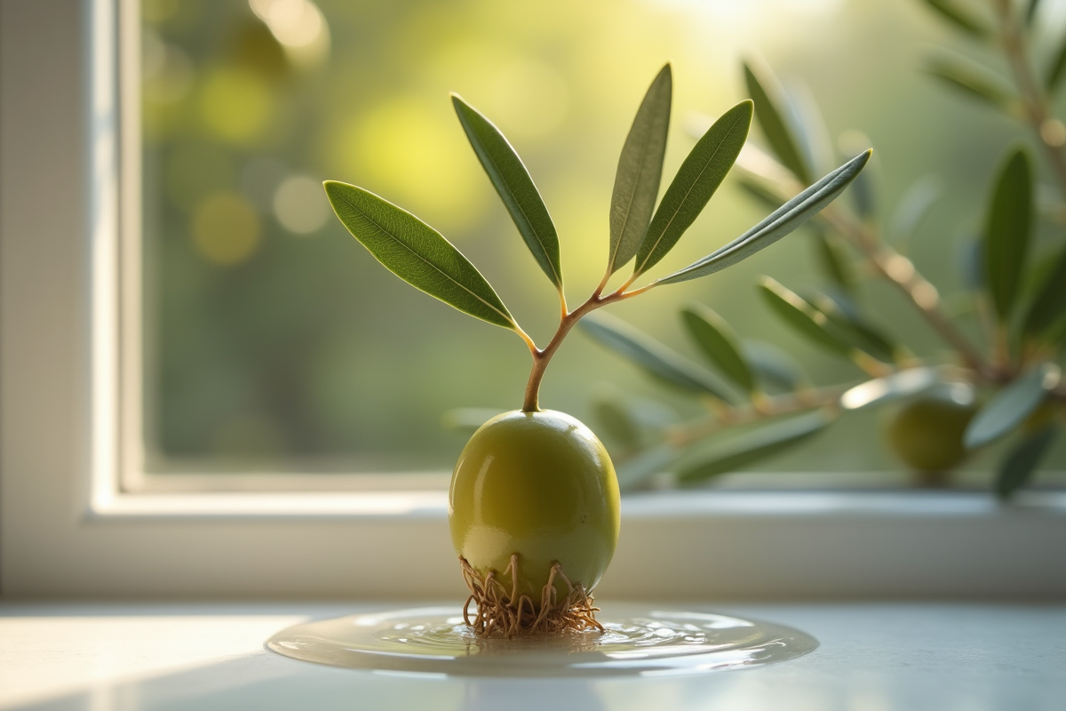 Gros plan d une olive avec racines en formation dans l eau sur une fenêtre lumineuse