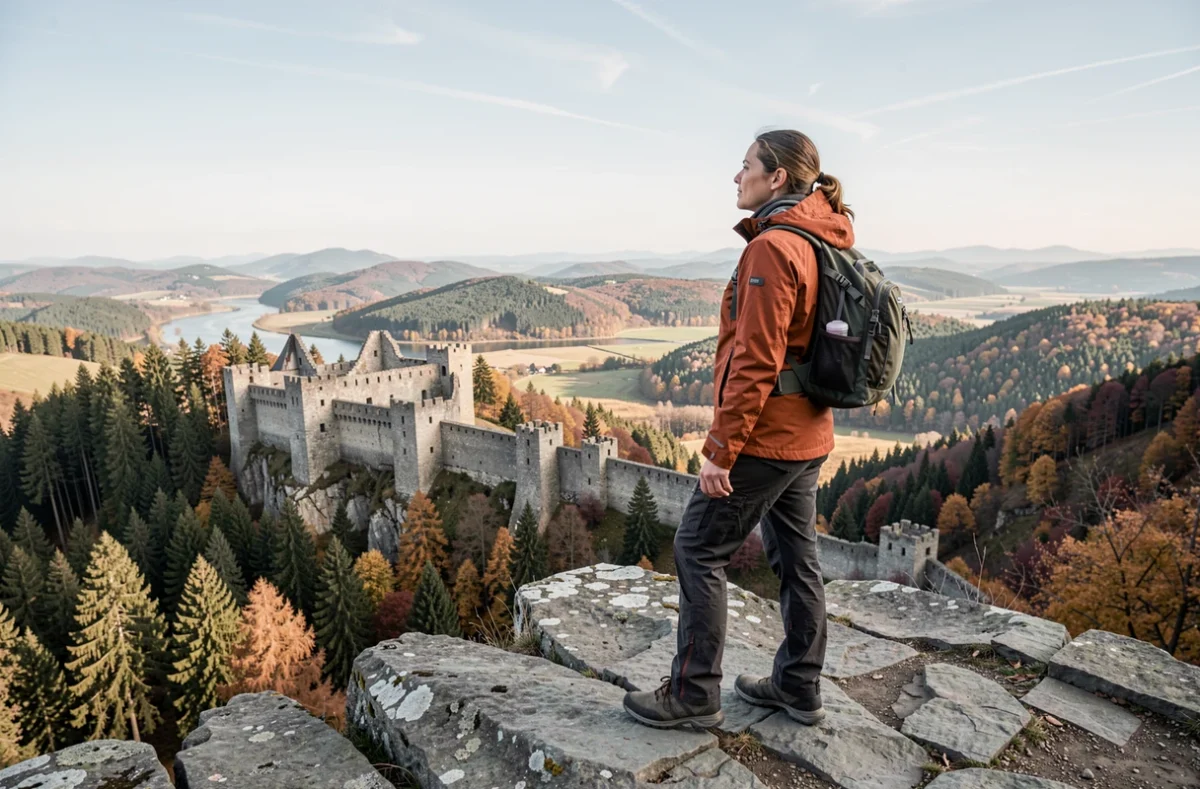 Randonneuse en solo admirant le panorama sur la plaine d'Alsace depuis les ruines du Château du Haut-Kœnigsbourg en automne
