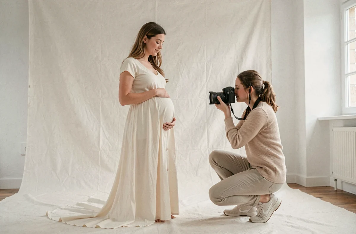 Raphaëlle FAVA photographiant une femme enceinte dans un studio épuré de l'Yonne