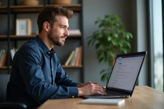 Homme cherchant la nouvelle adresse Govioz 2026 sur son ordinateur portable dans un bureau moderne