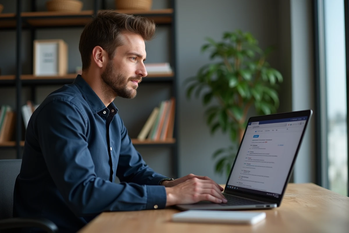 Homme cherchant la nouvelle adresse Govioz 2026 sur son ordinateur portable dans un bureau moderne
