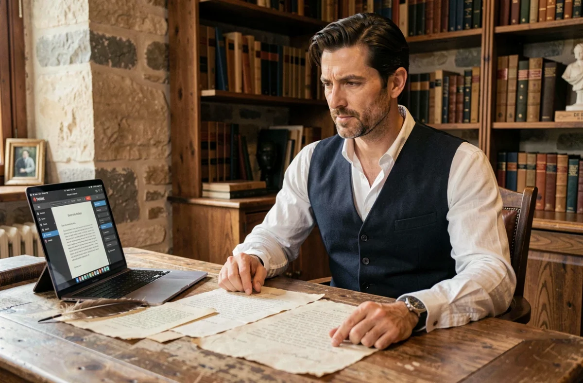 Homme en costume d'inspiration napoléonienne rédigeant une lettre historique sur ordinateur portable avec plume et parchemin sur bureau ancien