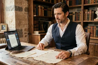 Homme en costume d'inspiration napoléonienne rédigeant une lettre historique sur ordinateur portable avec plume et parchemin sur bureau ancien
