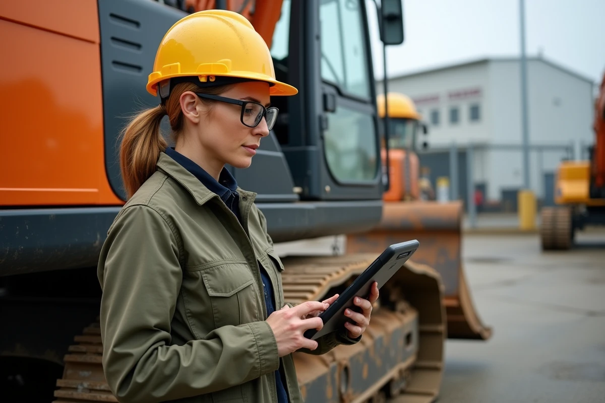 Responsable de maintenance consultant une checklist numérique lors de la révision d'une pelle mécanique en dépôt