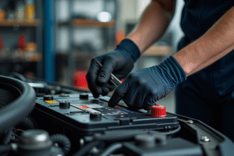 Personne utilisant une clé à douille pour retirer une batterie de voiture dans un garage propre