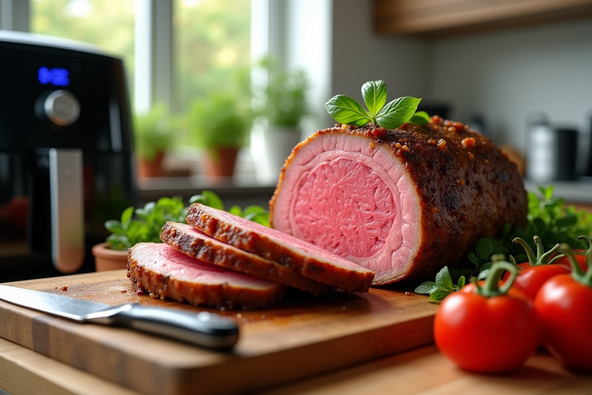 Rôti de veau tranché avec viande juteuse dans une cuisine lumineuse