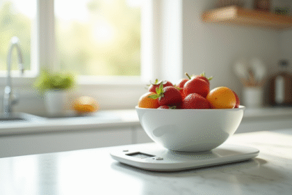 Salade de fruits dans un bol sur un plan de travail blanc