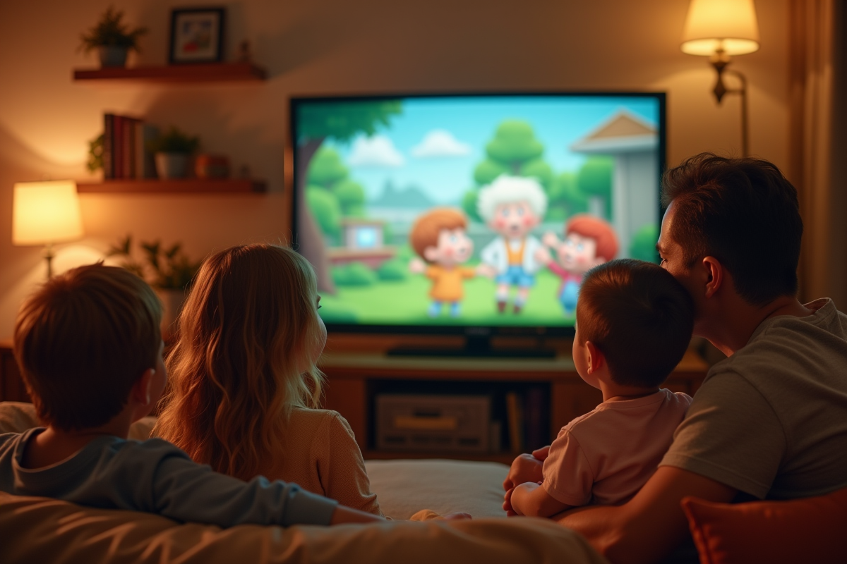 Famille regardant la télévision vintage dans le salon