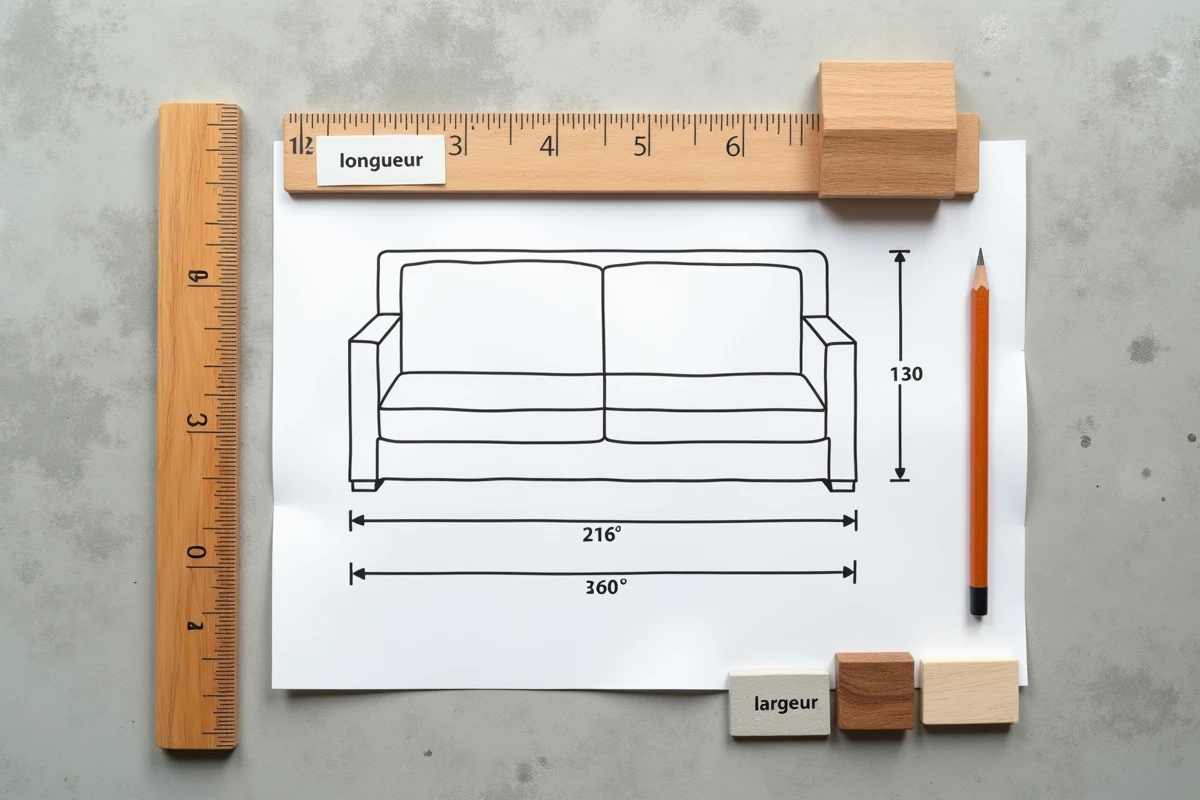 Vue aérienne d'un schéma de dimensions de meuble avec règle en bois et étiquettes longueur et largeur