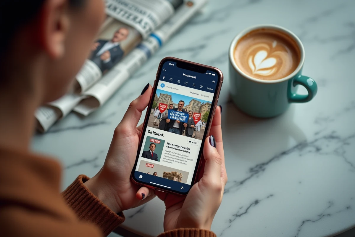 Gros plan d'un smartphone affichant un site parodique politique français dans un café, illustrant le phénomène de troll numérique ciblant le Rassemblement national