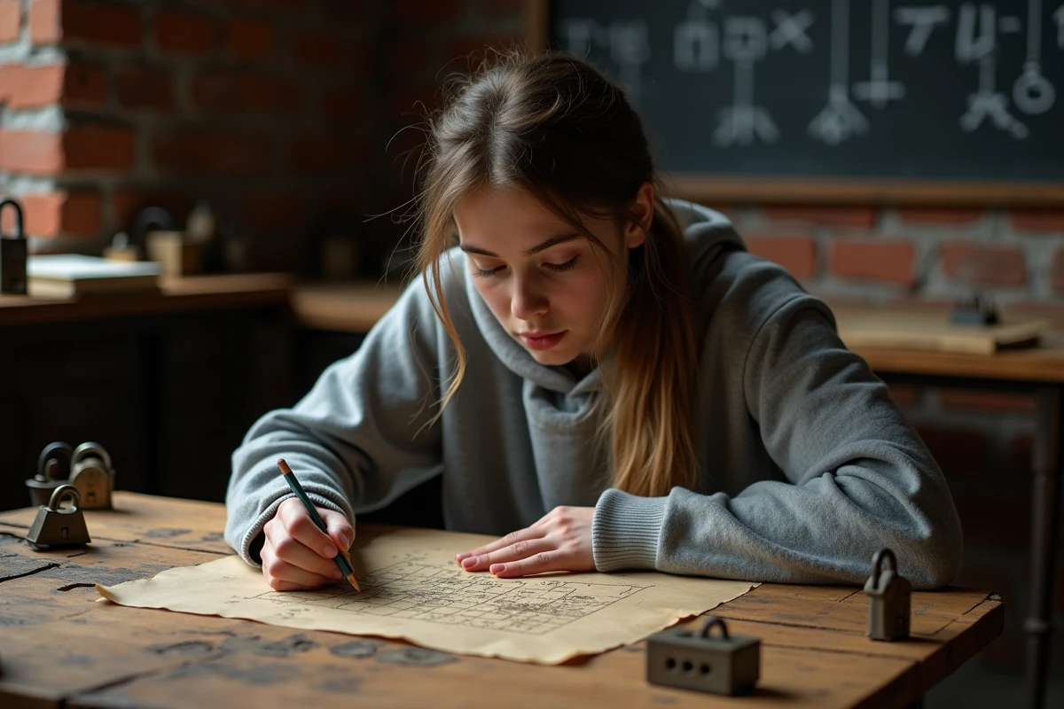 Jeune femme résolvant une énigme dans une salle d'évasion avec des notes et des cadenas sur une table en bois